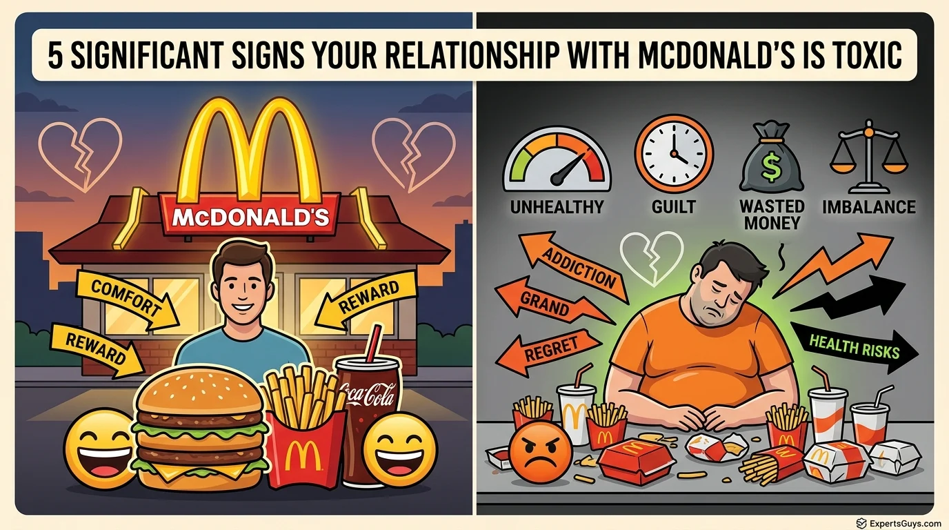 A 16:9 split-screen illustration for an article. The left side shows a person at a McDonald's counter, smiling and surrounded by comforting fast-food icons (Big Mac, fries, soda), a happy emoji, and "LOVE" text with a red heart. The right side shows the same person overweight, slumped in regret amidst an overflowing messy table of wrappers, an angry emoji, a broken heart, and symbols for health risks, guilt, and wasted money. A banner at the top reads "5 SIGNIFICANT SIGNS YOUR RELATIONSHIP WITH MCDONALD'S IS TOXIC".