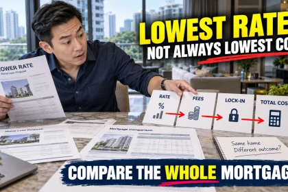 Singapore homeowner comparing two mortgage refinance offers while one low headline rate is outweighed by fees and lock-in conditions.