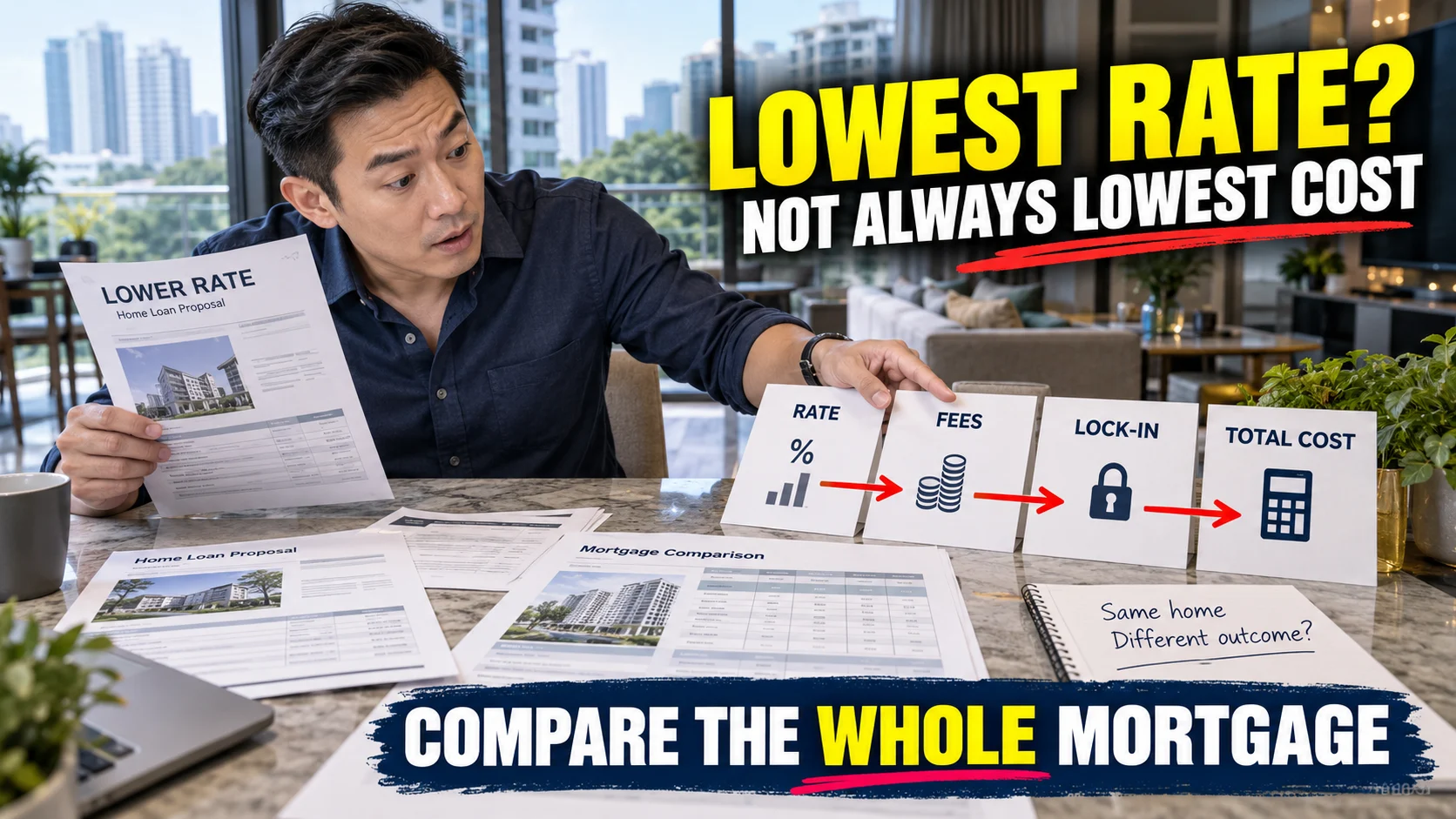 Singapore homeowner comparing two mortgage refinance offers while one low headline rate is outweighed by fees and lock-in conditions.