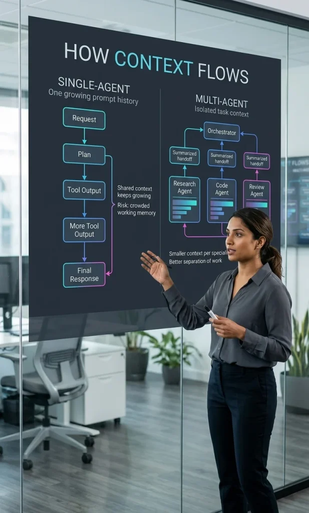 A female machine-learning engineer reviews two side-by-side architecture diagrams showing single-agent context accumulation versus isolated multi-agent context slices with arrows and technical labels.