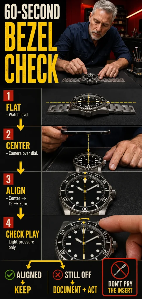 Watch owner performing a four-stage bezel alignment check using a flat surface, centered photo, reference line and bezel play test.