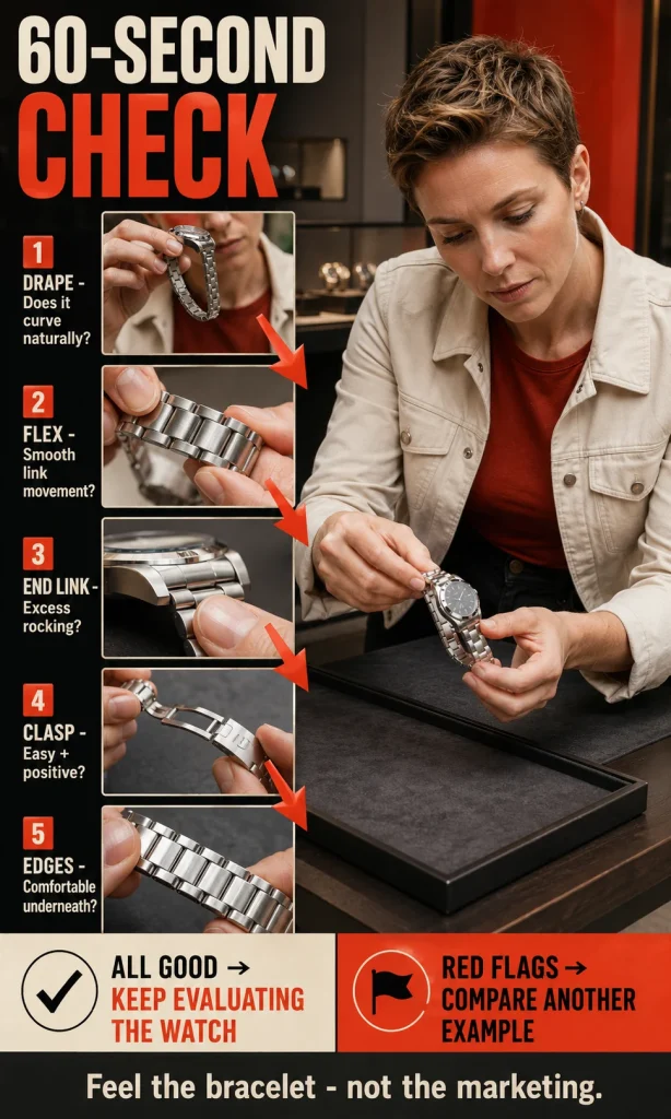 Woman performing a quick watch-bracelet quality check for drape, end-link movement, clasp action, edge comfort and adjustment.