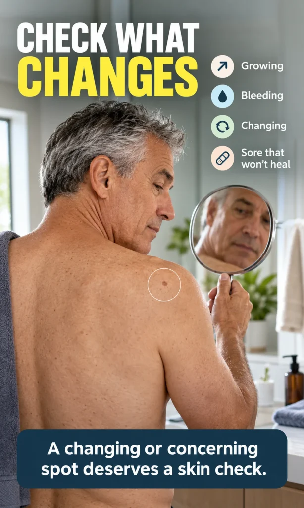 Adult checking a skin spot in a mirror while a simple checkpoint list highlights growing, bleeding, changing and non-healing lesions as reasons to seek medical assessment.