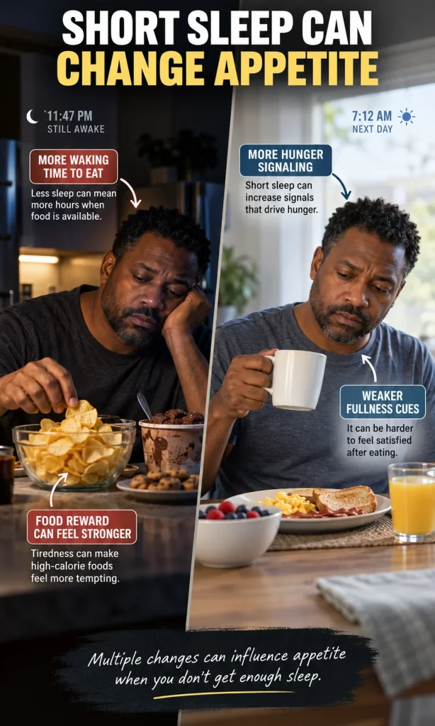 Sleep-deprived versus better-rested appetite pathway showing hunger, fullness and late-night eating cues.