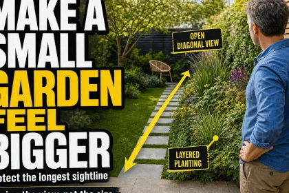 Homeowner looks along an open diagonal sightline through a compact garden with layered planting, an off-center seating area and a small tree creating depth.