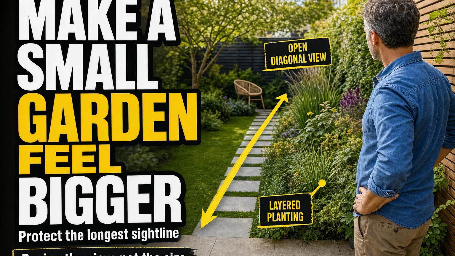 Homeowner looks along an open diagonal sightline through a compact garden with layered planting, an off-center seating area and a small tree creating depth.