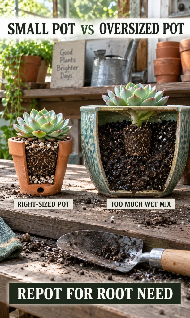 Two similar succulents in cutaway pots showing a correctly sized gritty root zone beside an oversized pot containing too much wet mix.