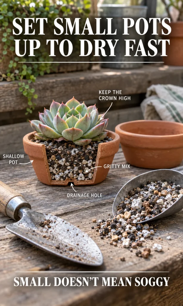 Cutaway of a small terracotta succulent pot showing a shallow container, drainage hole, gritty mix and the plant crown kept above the soil.