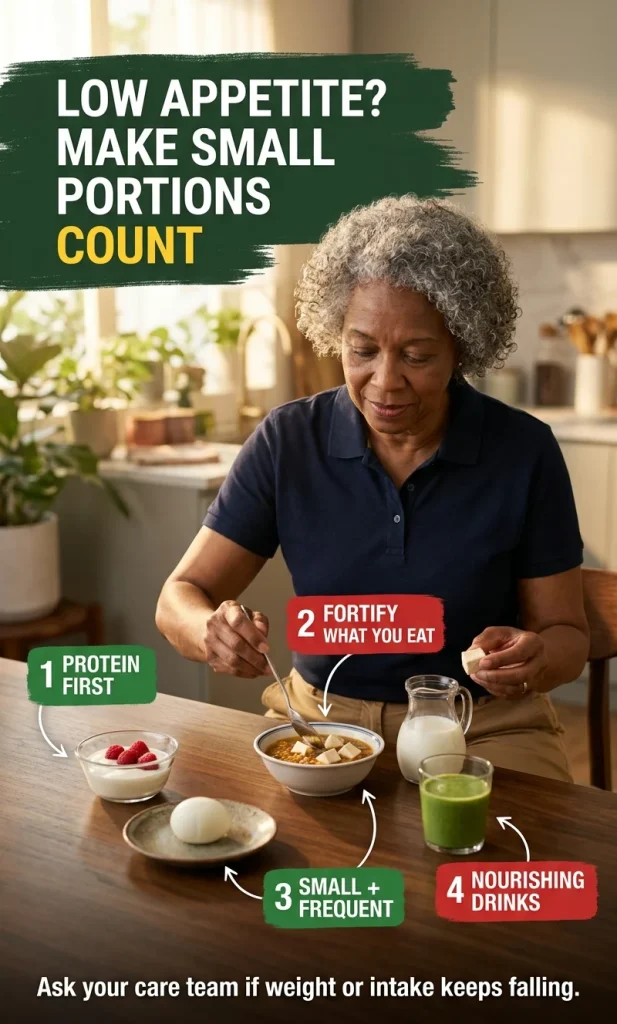 Small-meal protein strategy showing yogurt, egg, fortified soup and a nourishing drink arranged as compact options for low appetite during cancer treatment.