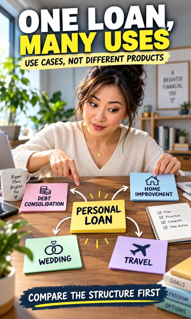 Woman arranging debt consolidation, home improvement, wedding and travel cards around one central personal loan card.
