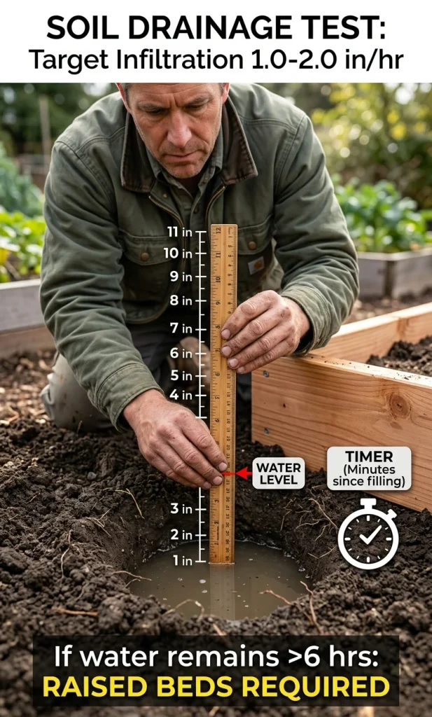 Gardener conducting a soil percolation drainage test in a raised garden bed.