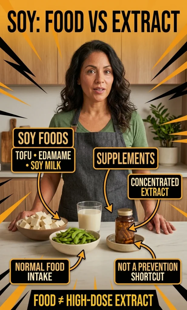 Woman comparing tofu and edamame with a generic supplement bottle, showing that normal soy foods are not equivalent to concentrated isoflavone supplements.