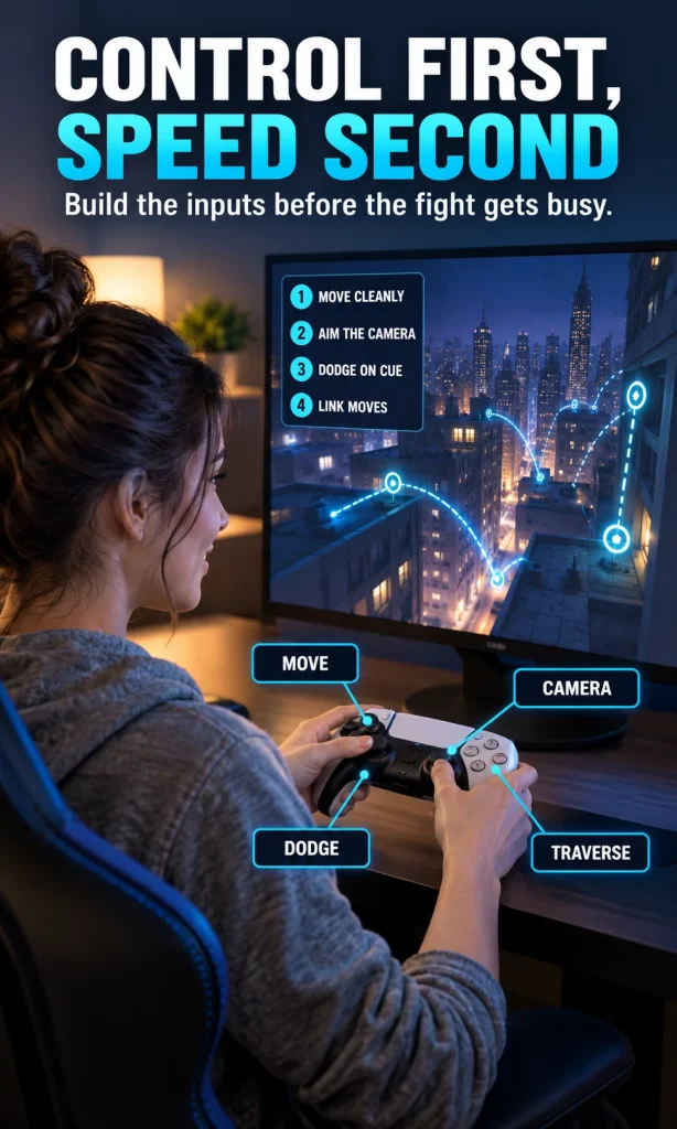 Woman practicing with a controller while labels identify movement, camera, dodge, and traversal inputs beside a city-training screen.