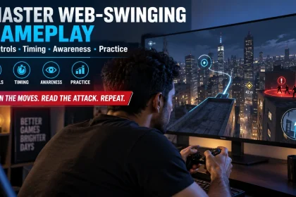 Gamer holding a controller beside a city-traversal training display with visual cues for controls, timing, awareness, and practice.