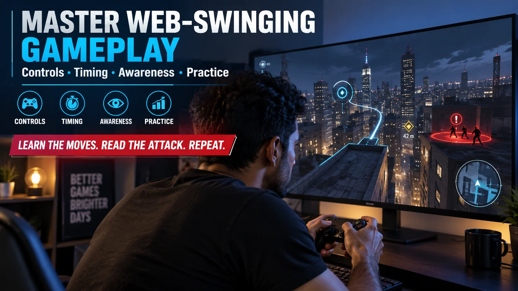 Gamer holding a controller beside a city-traversal training display with visual cues for controls, timing, awareness, and practice.