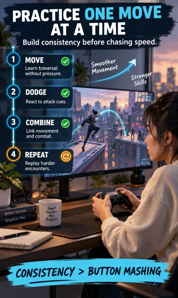 Woman practicing a four-step gameplay loop of movement, dodging, combining skills, and replaying harder encounters.