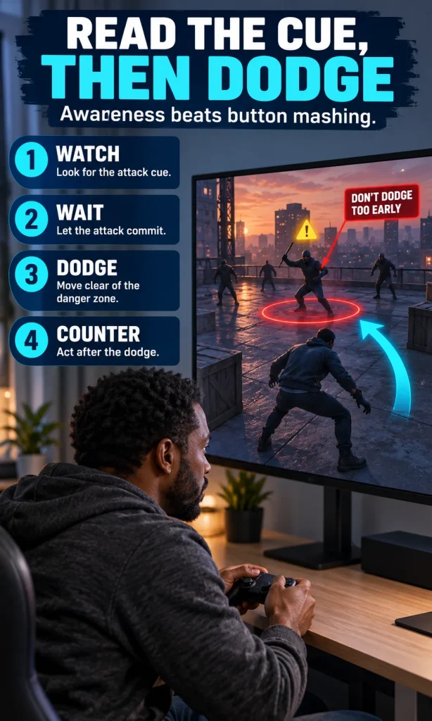 Gamer watching a rooftop combat-training scene with four steps showing when to watch, wait, dodge, and counter.