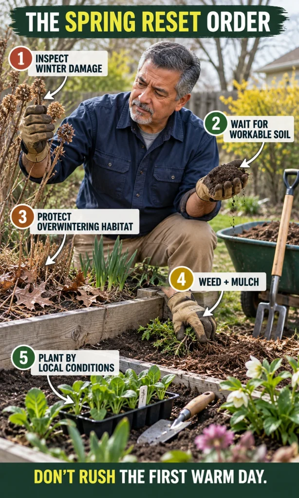 Five-step spring garden reset sequence from winter damage inspection to planting by local conditions