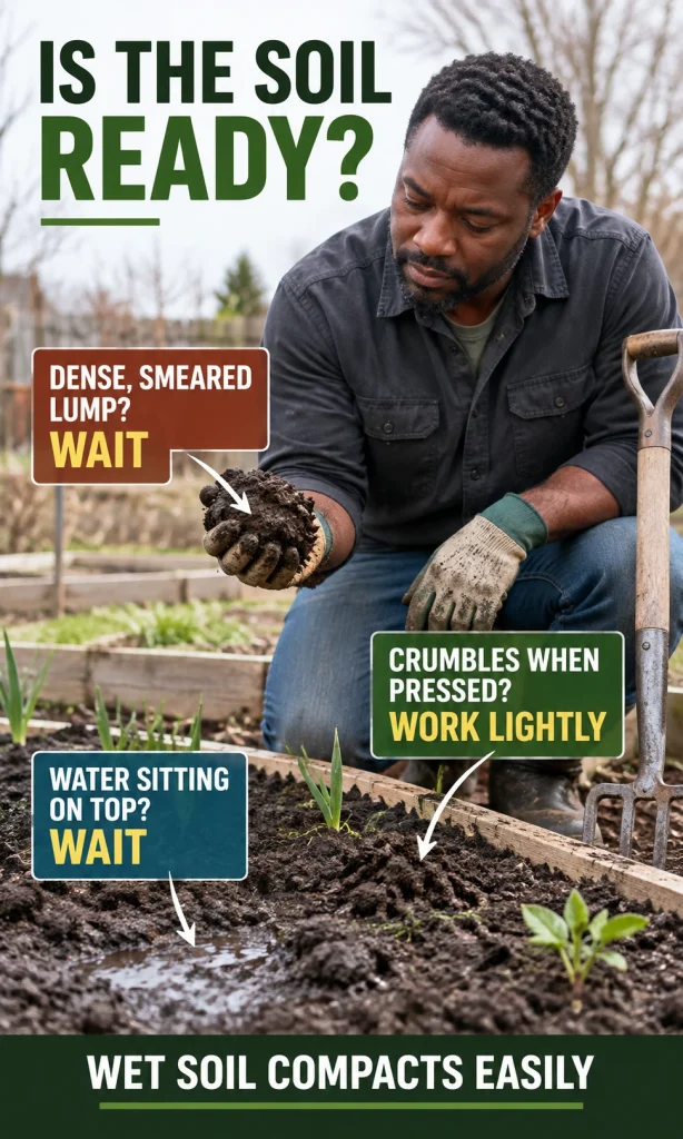 Gardener testing spring soil with visual cues for dense wet soil, crumbly workable soil, and standing water
