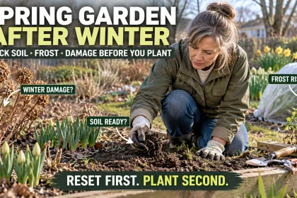 Gardener checking spring soil in a garden with callouts for winter damage, soil readiness, and frost risk before planting