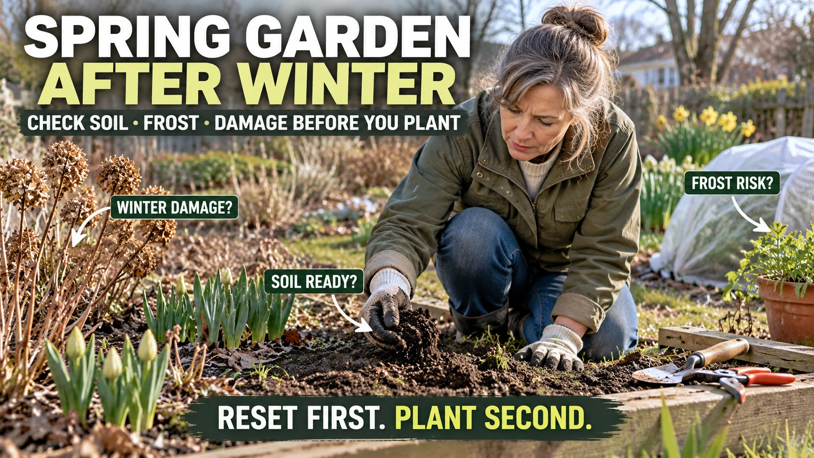 Gardener checking spring soil in a garden with callouts for winter damage, soil readiness, and frost risk before planting