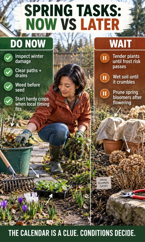 Spring garden comparison showing tasks to do now and tasks to delay until soil, frost, or flowering conditions change