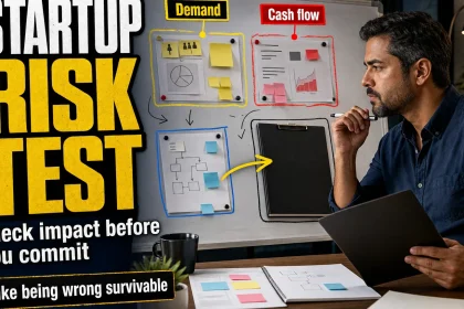 Founder reviewing customer evidence, cash exposure and difficult-to-reverse commitments before deciding whether to launch a business.