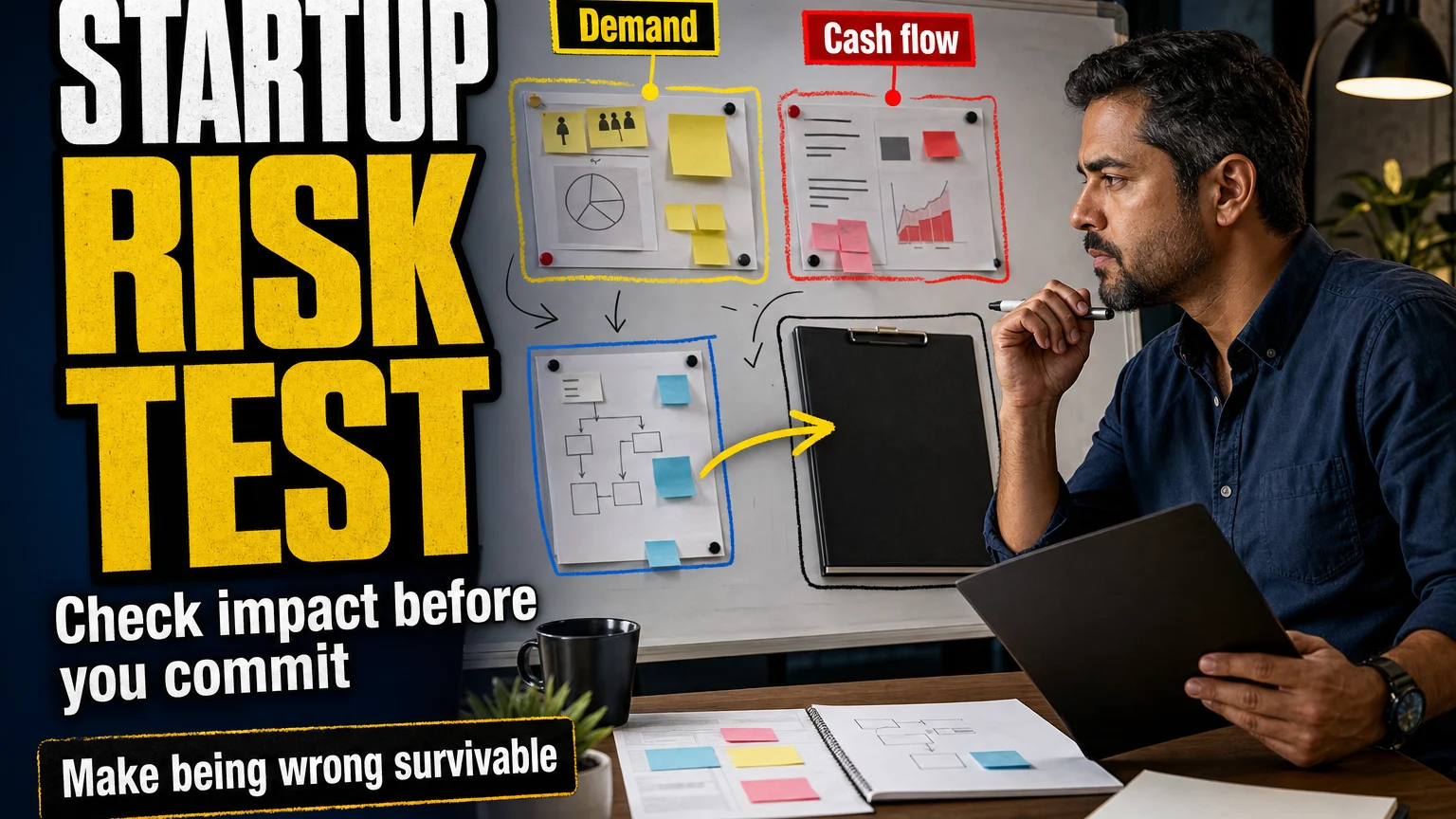 Founder reviewing customer evidence, cash exposure and difficult-to-reverse commitments before deciding whether to launch a business.