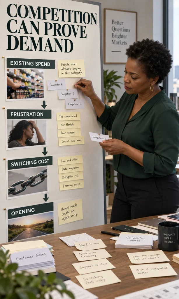Founder studying existing customer spending, frustrations and switching costs to find an opening in a competitive market