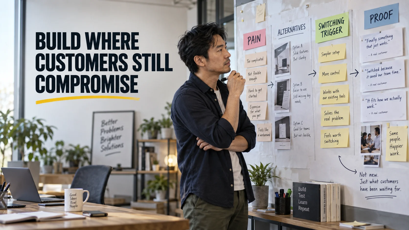 Founder comparing customer frustrations and existing alternatives to identify a meaningful reason to switch in a crowded startup market