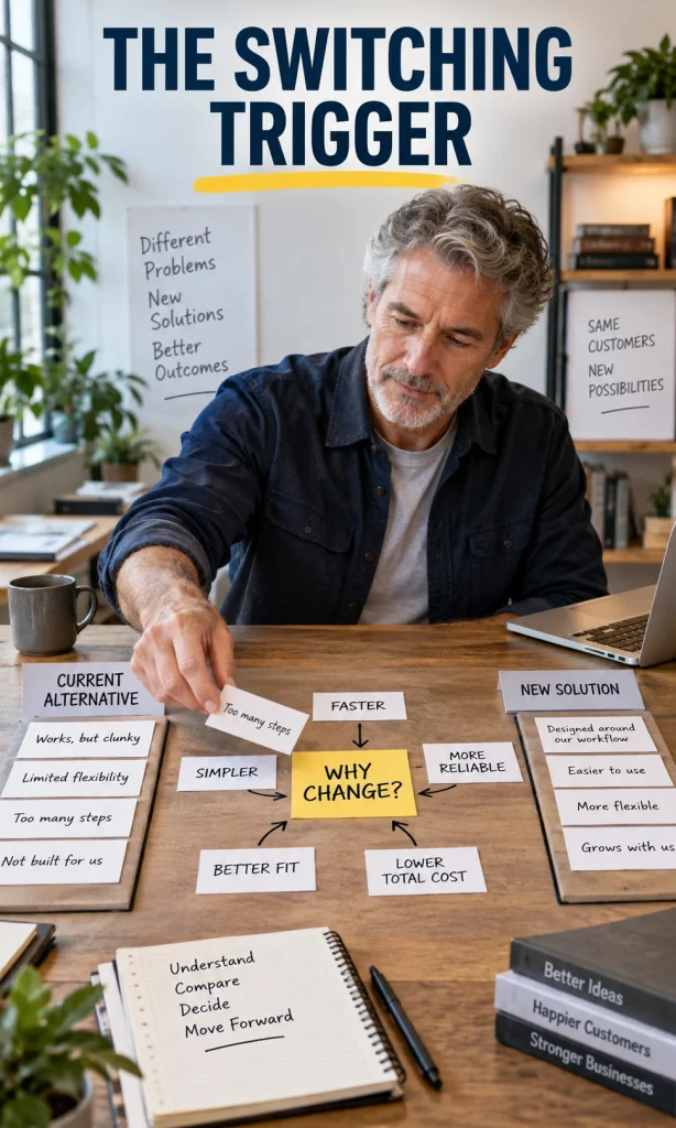 Customer decision path showing how a startup needs a strong switching trigger to overcome an existing alternative