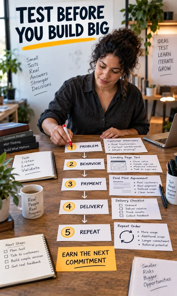 Founder moving through a startup validation sequence from customer problem evidence to behavior, payment, delivery and repeat use