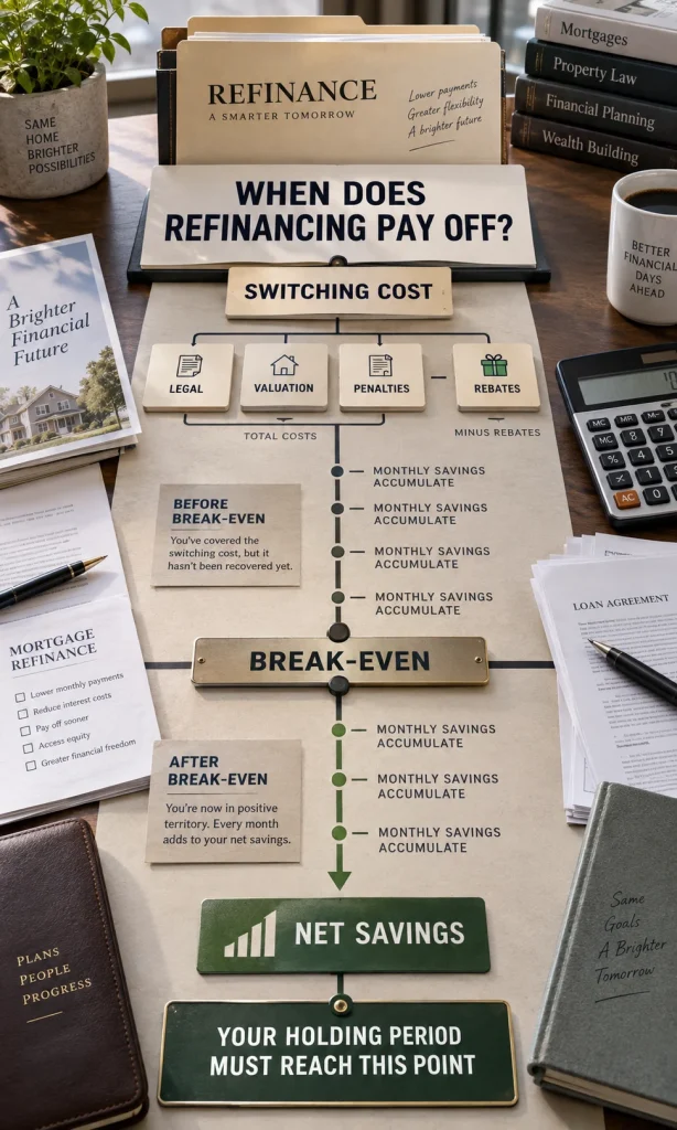 Homeowner comparing stay, reprice and refinance paths based on competitiveness, switching cost and potential savings.