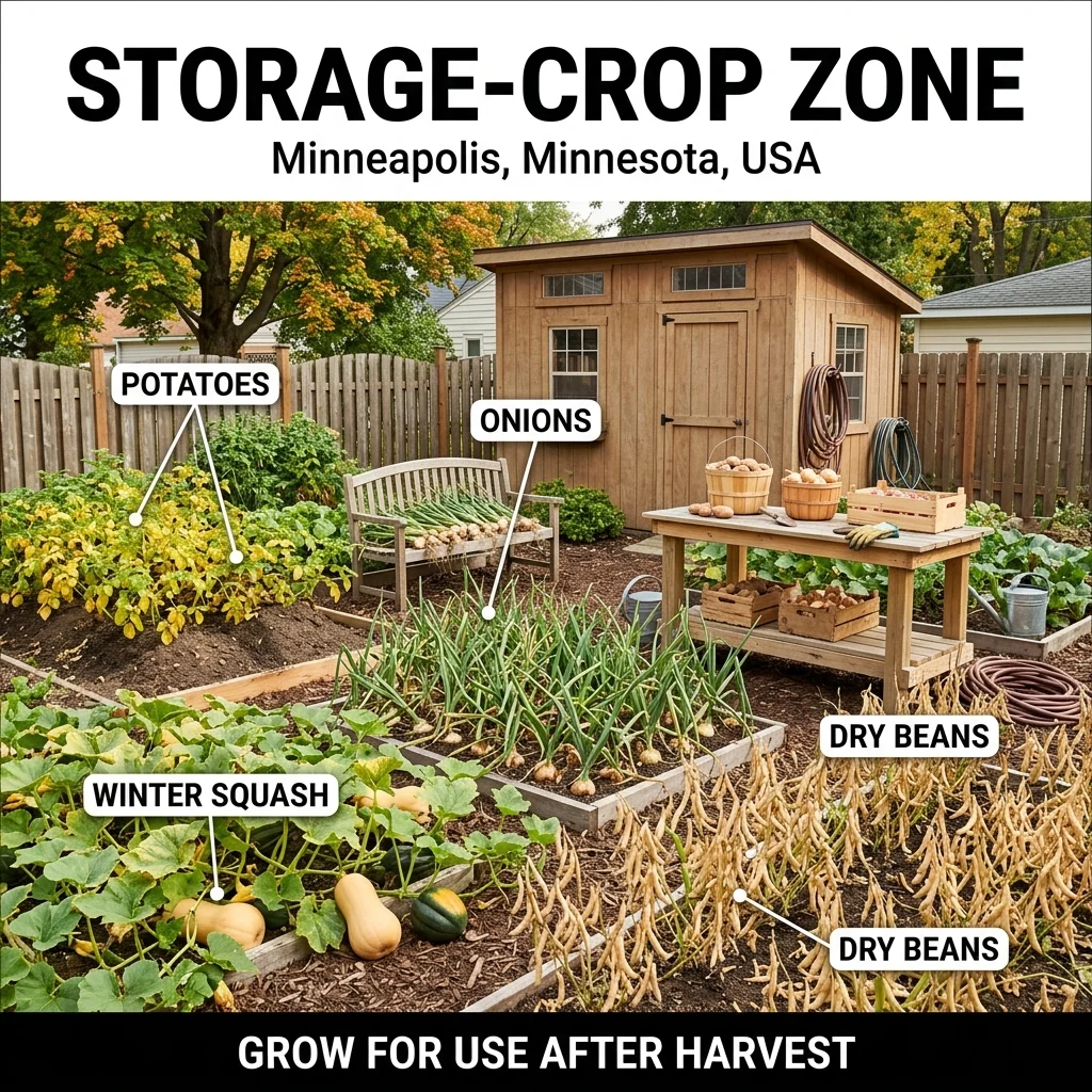 Storage-crop zone in Minneapolis, Minnesota, showing backyard beds for potatoes, onions, winter squash, and dry beans with harvest and curing cues.