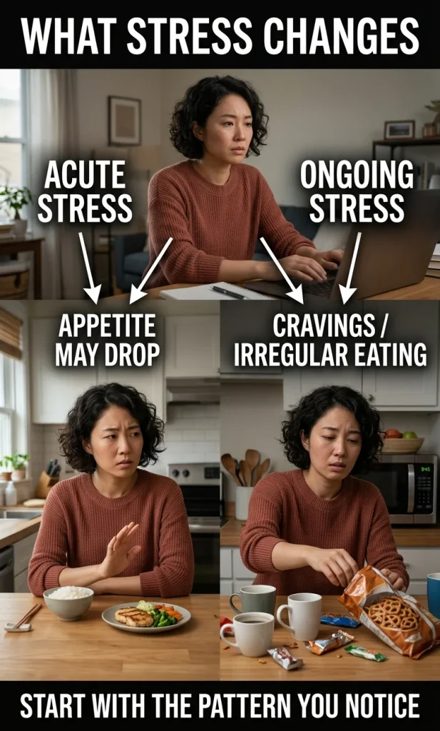 Vertical diagnostic visual showing two different stress eating responses: low appetite on one path and cravings or irregular eating on the other.