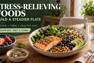 Balanced plate with salmon, quinoa, leafy greens, avocado, berries, nuts and seeds illustrating a practical food pattern for stressful days.