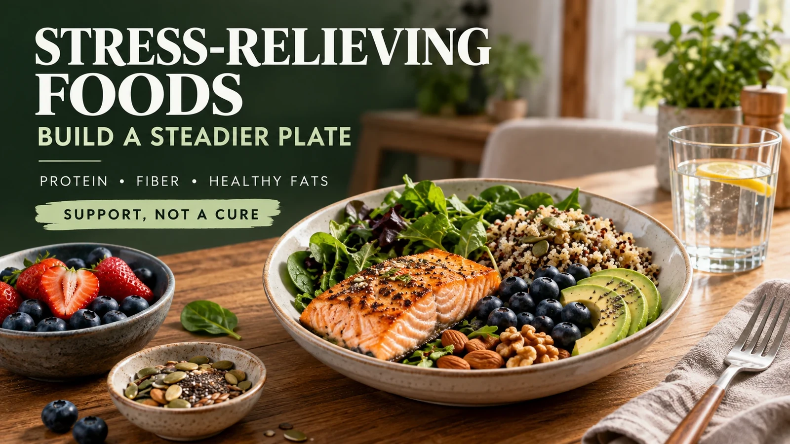 Balanced plate with salmon, quinoa, leafy greens, avocado, berries, nuts and seeds illustrating a practical food pattern for stressful days.