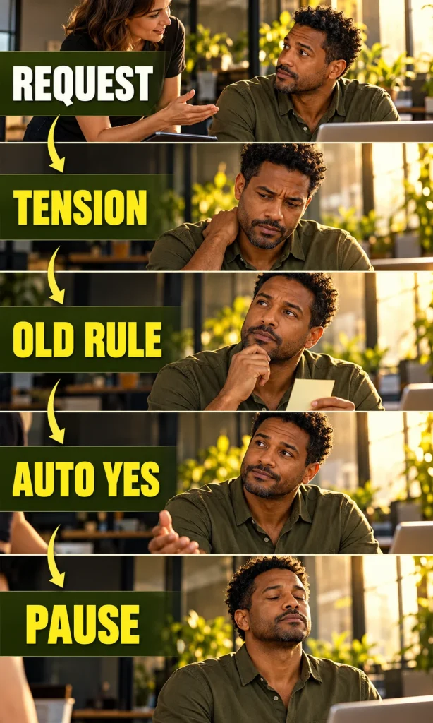 Visual sequence showing request, physical tension, old rule, automatic yes and a considered pause