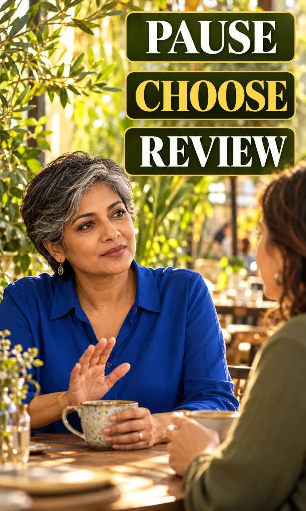 Adult practicing a brief pause and a gentle boundary in a safe everyday conversation