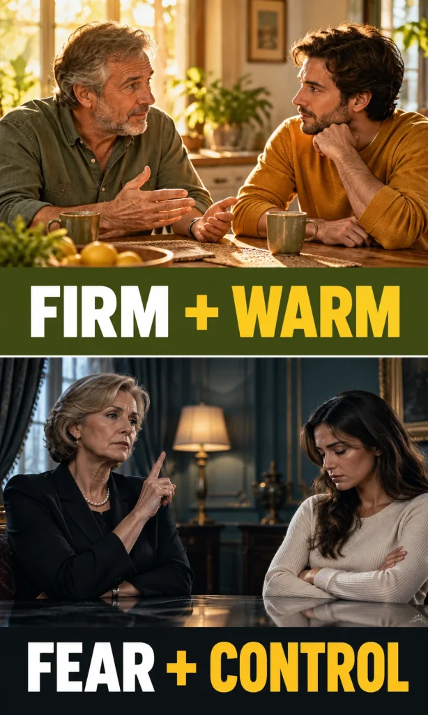 Side-by-side scenes comparing firm rules explained with warmth and rules enforced through fear