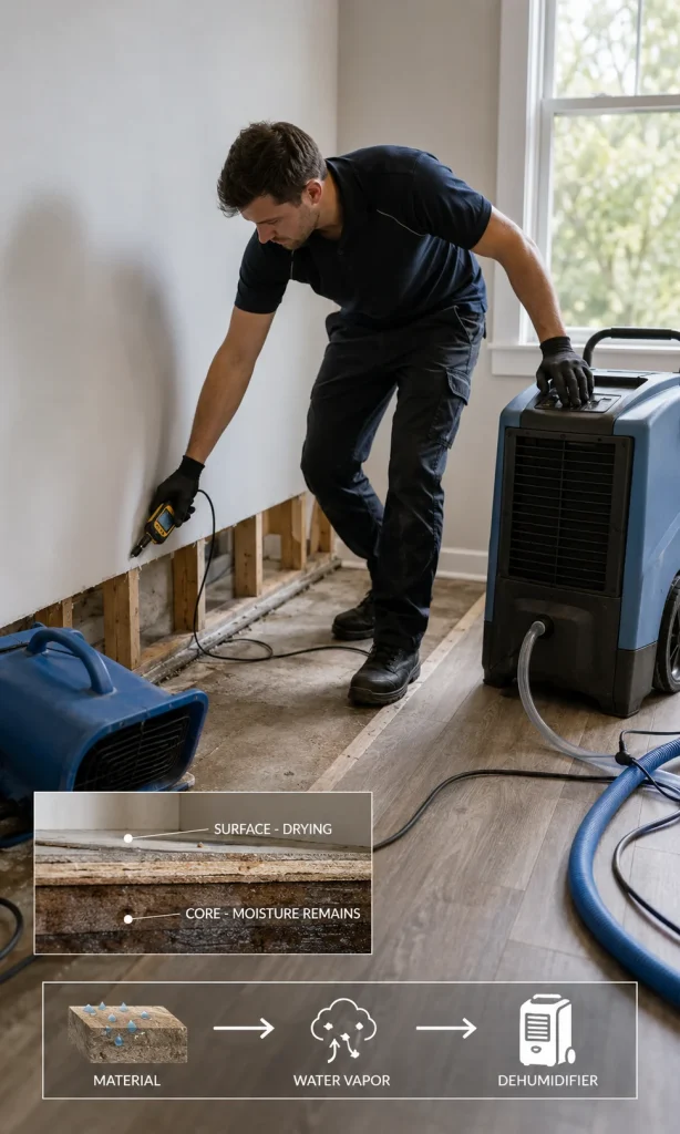 Structural drying technician checking moisture while air movement and dehumidification remove water from a damaged wall and floor assembly.