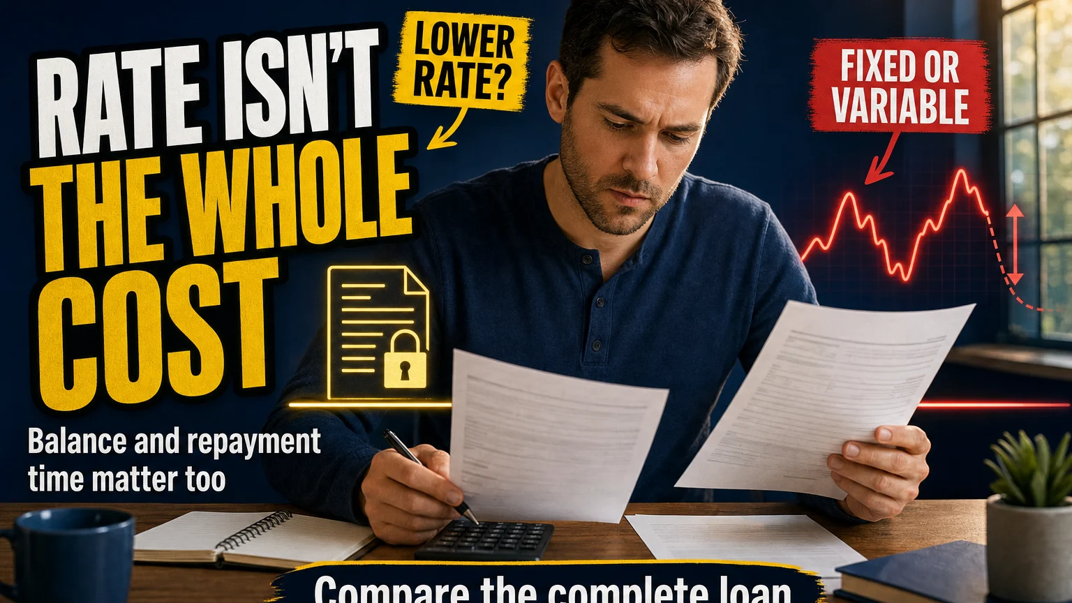Borrower compares two student loan options while reviewing interest rate, balance, and repayment-term differences that affect total cost.