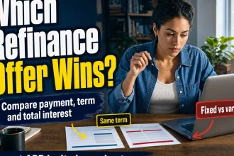 Borrower comparing student loan refinance offers on a laptop and printed documents, weighing APR, repayment term, payment, and total interest.