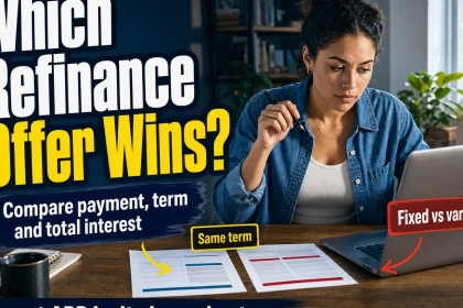 Borrower comparing student loan refinance offers on a laptop and printed documents, weighing APR, repayment term, payment, and total interest.