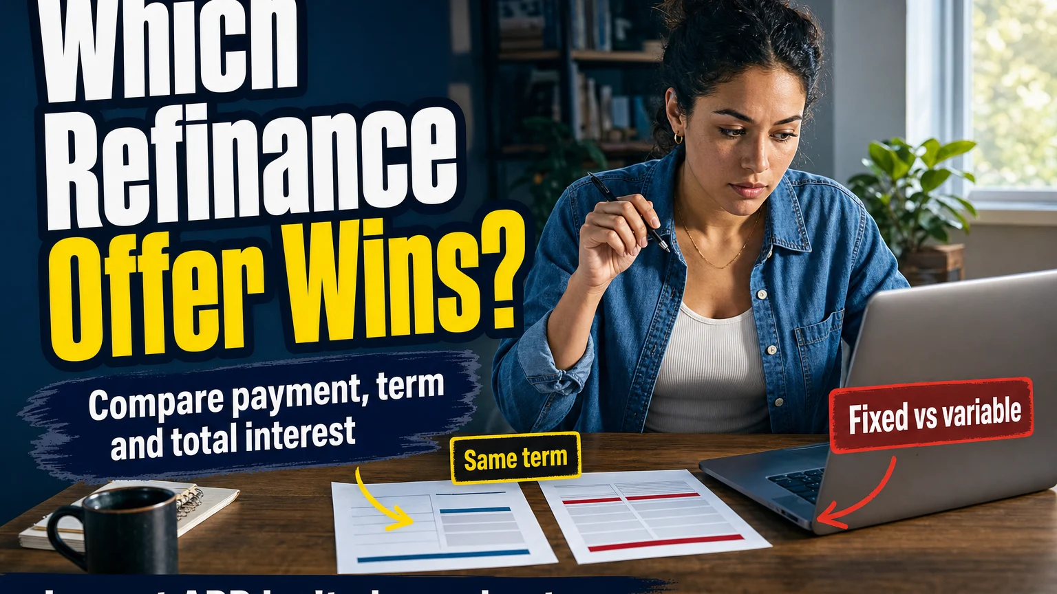 Borrower comparing student loan refinance offers on a laptop and printed documents, weighing APR, repayment term, payment, and total interest.