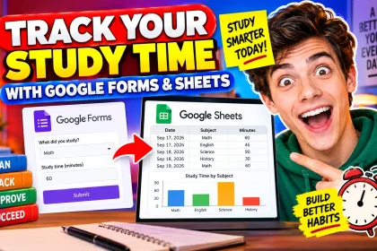 Student pointing to a study-time workflow that moves entries from Google Forms into Google Sheets and a subject chart.