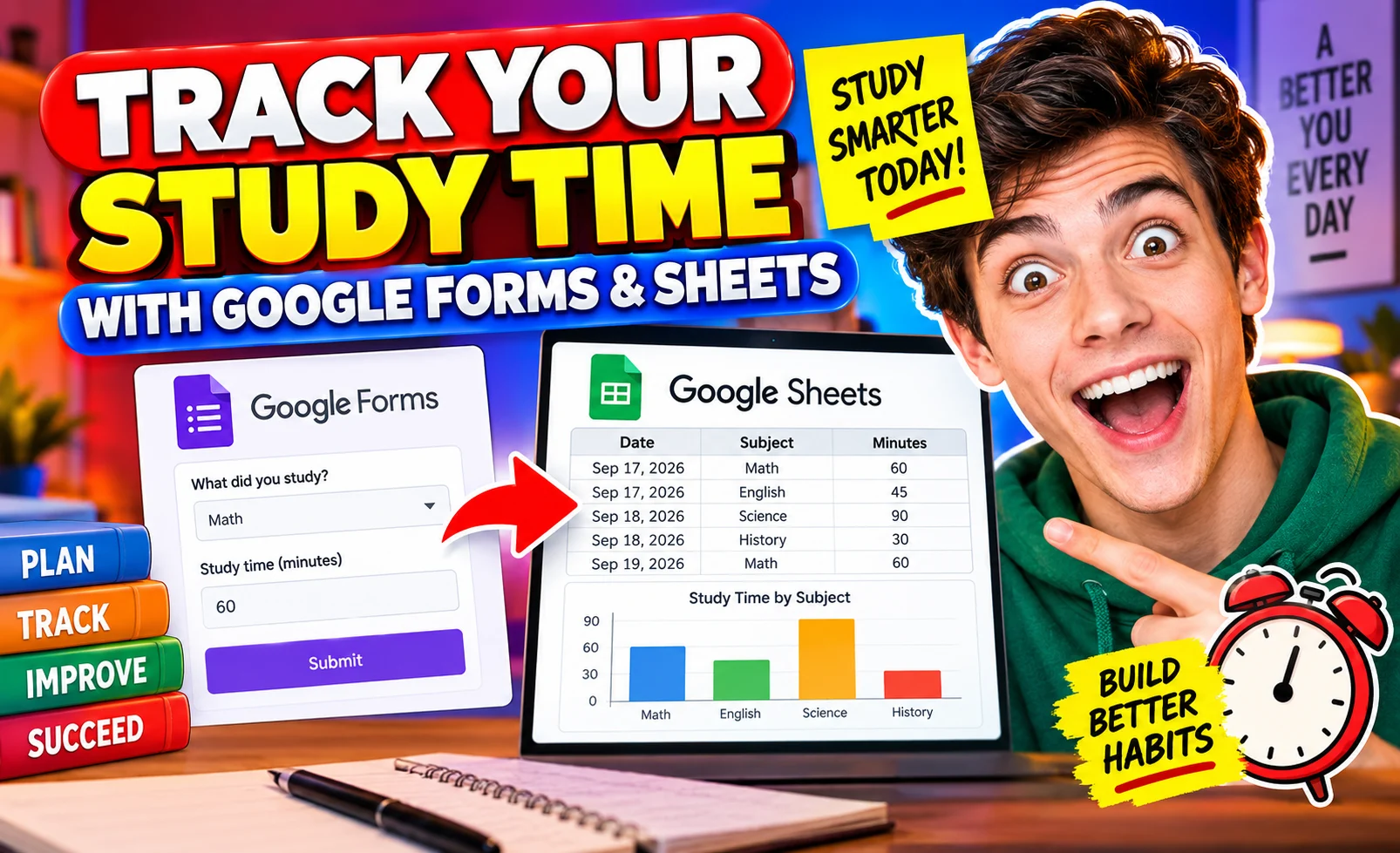 Student pointing to a study-time workflow that moves entries from Google Forms into Google Sheets and a subject chart.