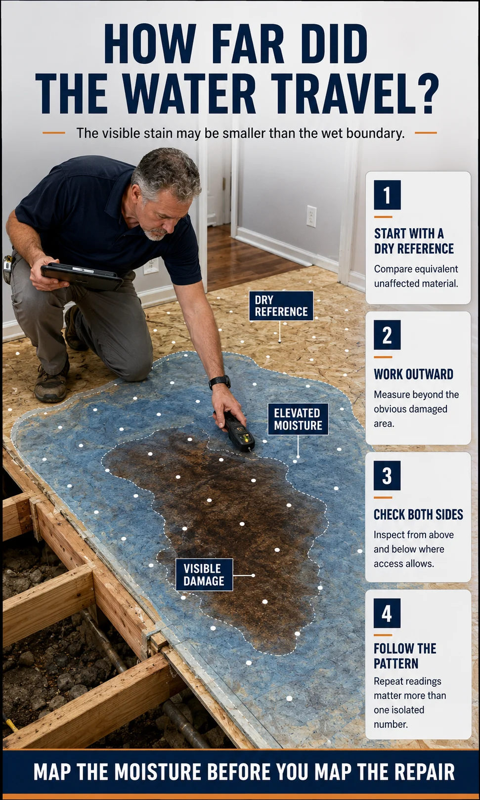 Building inspector mapping moisture across a water-damaged subfloor and comparing the visible floor damage with the larger hidden wet area.