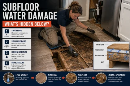 Restoration inspector checking water-damaged subfloor beneath opened flooring, showing hidden moisture, swollen panel edges and floor joists below.