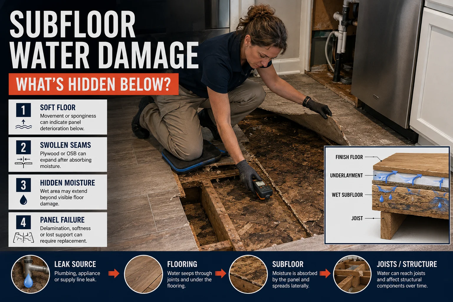 Restoration inspector checking water-damaged subfloor beneath opened flooring, showing hidden moisture, swollen panel edges and floor joists below.